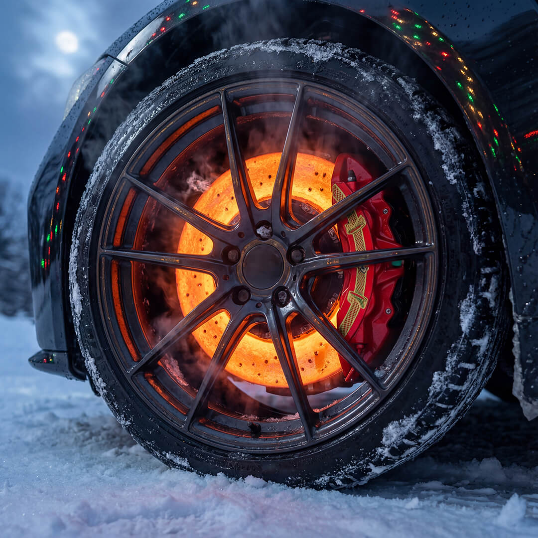 Custom carbon ceramic brake kit with anodized aluminum hat and laser engraved caliper logo